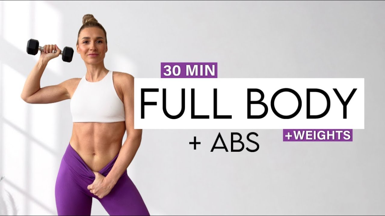 30 MIN INTENSE FULL BODY + AB Workout - No Repeat - with Weights - Home ...