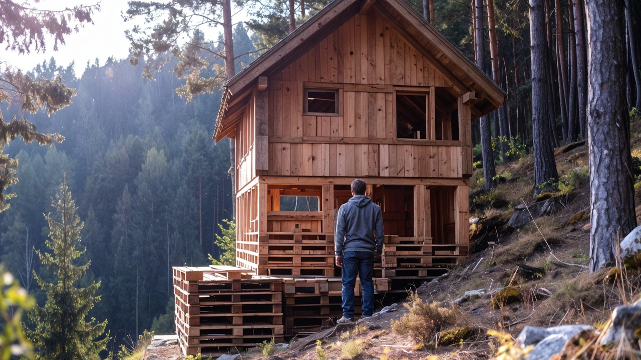 I Built a House on a Slope in the Forest Out of Free Pallets