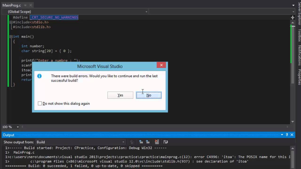How To Fix Error C4996 for scanf(), itoa() etc function in visual studio  2013 ( NEW METHOD ) - YouTube