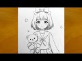 كيفية رسم فتاة أنمي لطيفة مع دمية دب خطوة بخطوة