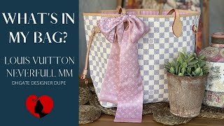 WHAT&#39;S IN MY BAG LOUIS VUITTON NEVERFULL MM DAMIER AZUR CANVAS IN ROSE BALLERINA DESIGNER DUPE
