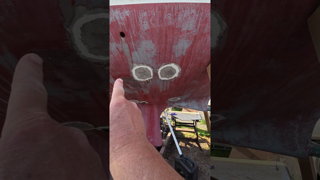 ⁣Fibreglass to finish filling 9 holes in our boat #DIY #BoatRefit