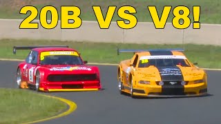 Rotary Vs Piston BATTLE  - 20B Fiat 124 Coupe hounds Trans AM V8 Mustang