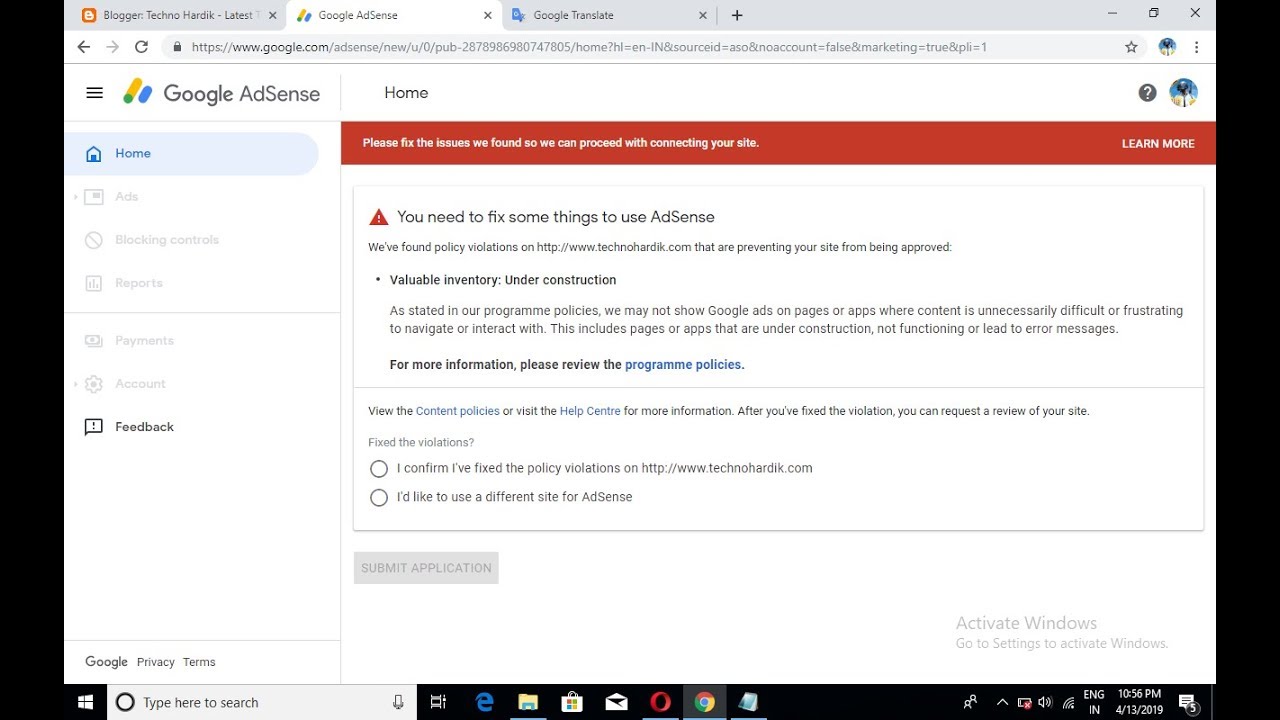 Google AdSense Valuable inventory: Under construction disapproval error fix