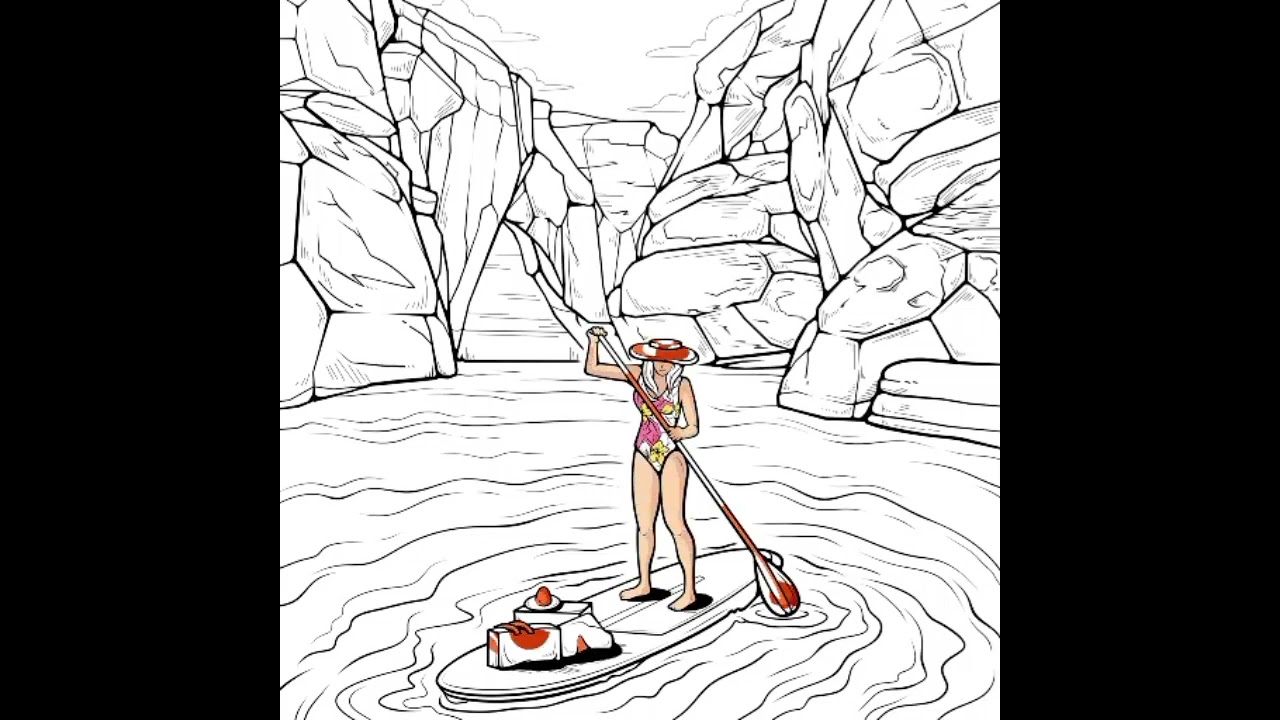 A woman standing on a paddleboard in a body of water surrounded by tall rocky cliffs. 