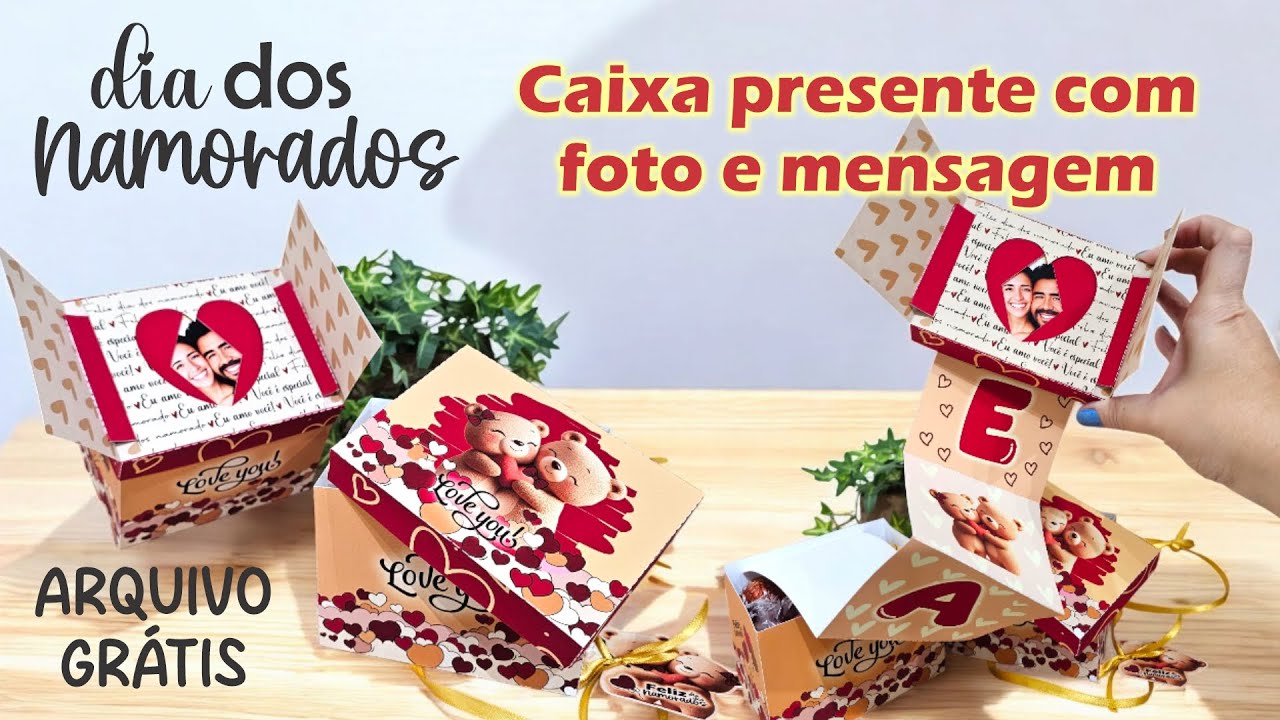 2 caixas presente com foto e mensagem para dia dos namorados | molde grátis 