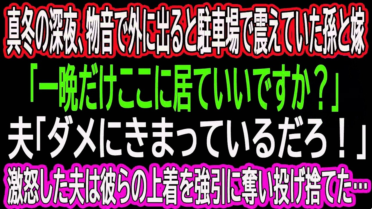 【スカッとする話】真冬の深夜、物音で外に出ると駐車場で震えていた孫と嫁「一晩だけここに居ていいですか？」夫「ダメにきまっているだろ！」→激怒した夫は彼らの上着を強引に奪い投げ捨てた…
