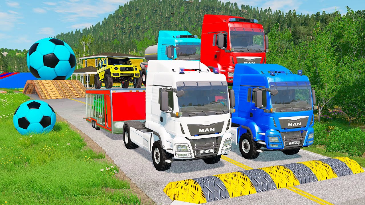 Double Flatbed Trailer Truck vs Speedbumps Train vs Cars | Tractor vs Train Beamng.Drive 076