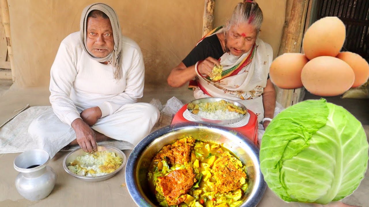 CABBAGE EGG masala curry cooking&eating with hot rice by santali tribe Village Grandma and Grandpa