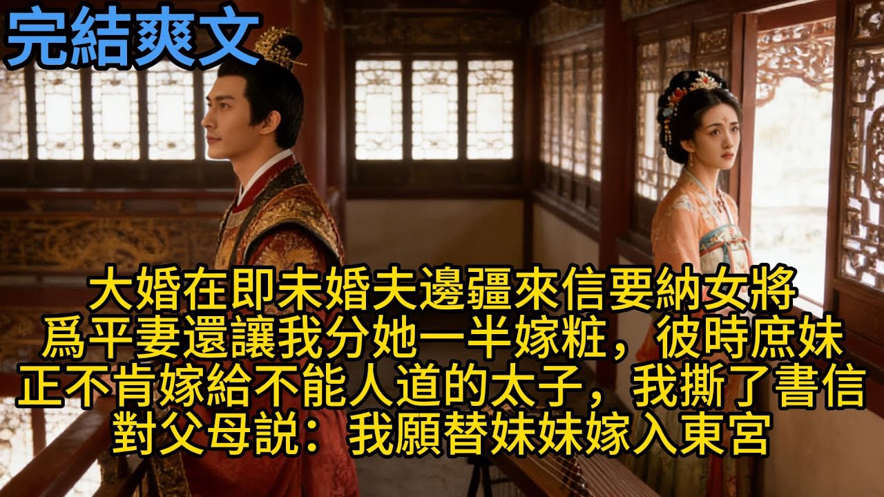 【完結】大婚在即未婚夫邊疆來信，要納女將爲平妻還讓我分她一半嫁粧，彼時庶妹正不肯嫁給不能人道的太子，我撕了書信對父母説：我願替妹妹嫁入東宮#一口气看完 #小说 #故事 #有声小说 #熱門小說