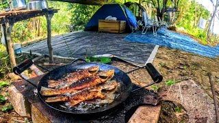 WE FOUND A PLACE FULL OF FISH IN THE MIDDLE OF THE FOREST WE FISHED AND MADE FISH FRIED AT THE CAMP