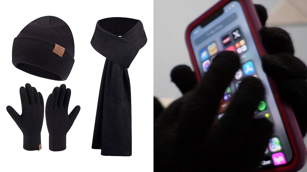 Winter Warm Beanie Hats Long Neck Scarf Touchscreen Gloves Set Knit Review