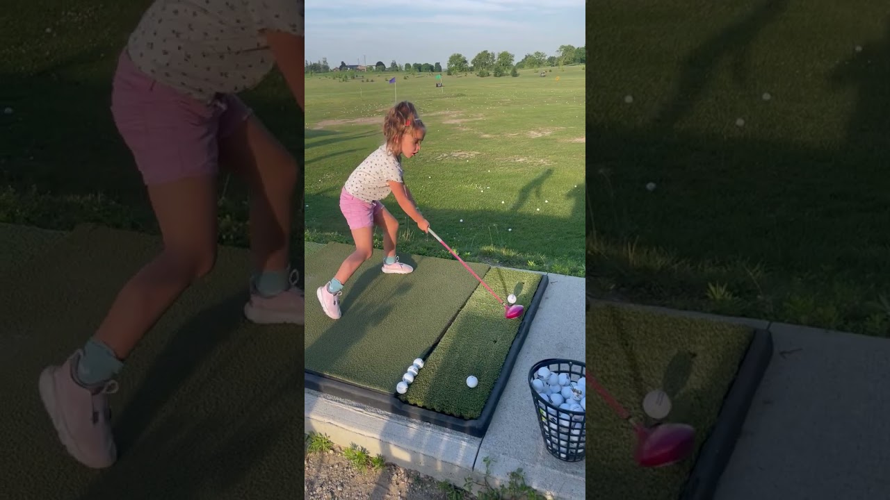 Girl hits ball with golf club at range and ball hits her on head/eye