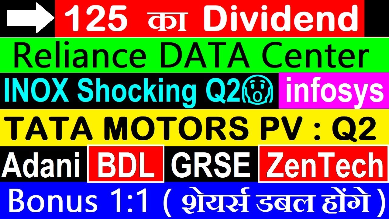125 का Dividend🔴 Reliance DATA CENTER🔥🔴 Tata Motors PV Q2🔴 Inox Q2🔴 infosys🔴 adani🔴 bdl🔴grse🔴zentech