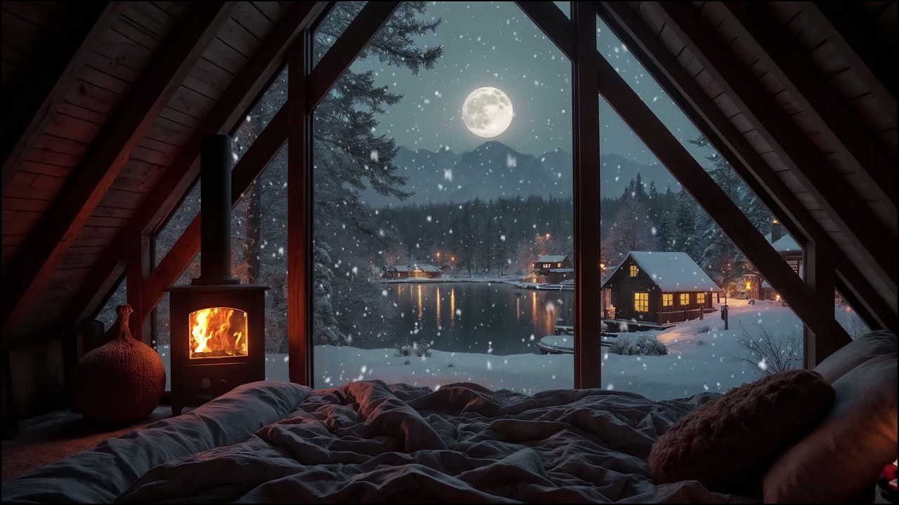 Warm Winter Cabin Fireplace ❄️🔥 | Snowfall Forest View & Gentle Fire Crackles for Peaceful Sleep