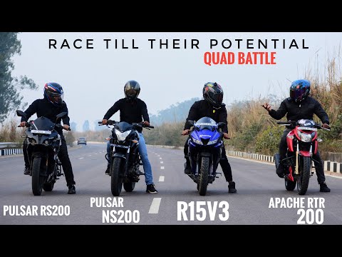 Yamaha R15v3 Vs Pulsar RS200 Vs NS200 Vs Apache RTR 200 | Race Till Their Potential | Quad Battle