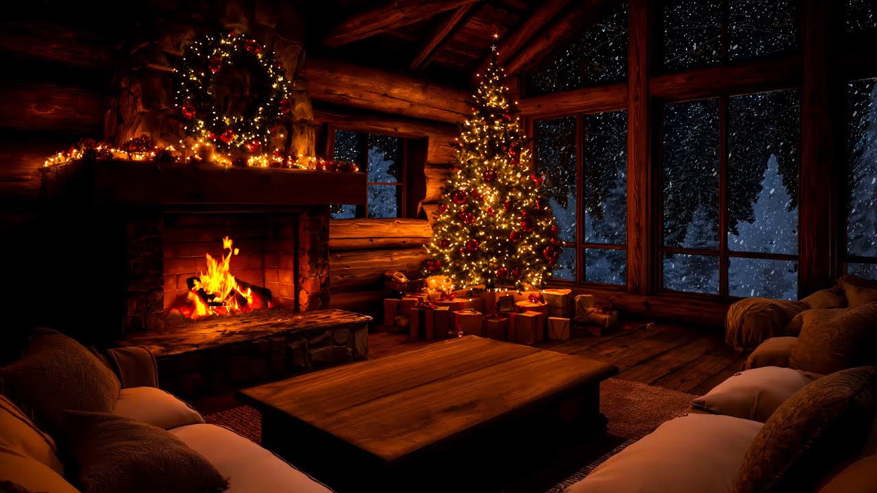 Cozy Fireplace in Christmas Ambience 🎄 Blizzard Outside and Crackling ...