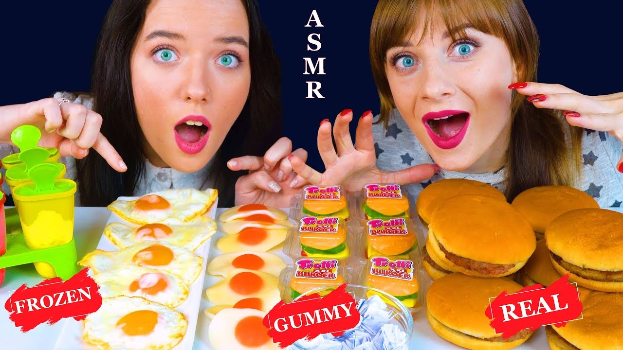 ASMR GUMMY BURGER AND GUMMY EGGS (GUMMY FOOD, FROZEN FOOD VS REAL FOOD) EATING SHOW LILIBU