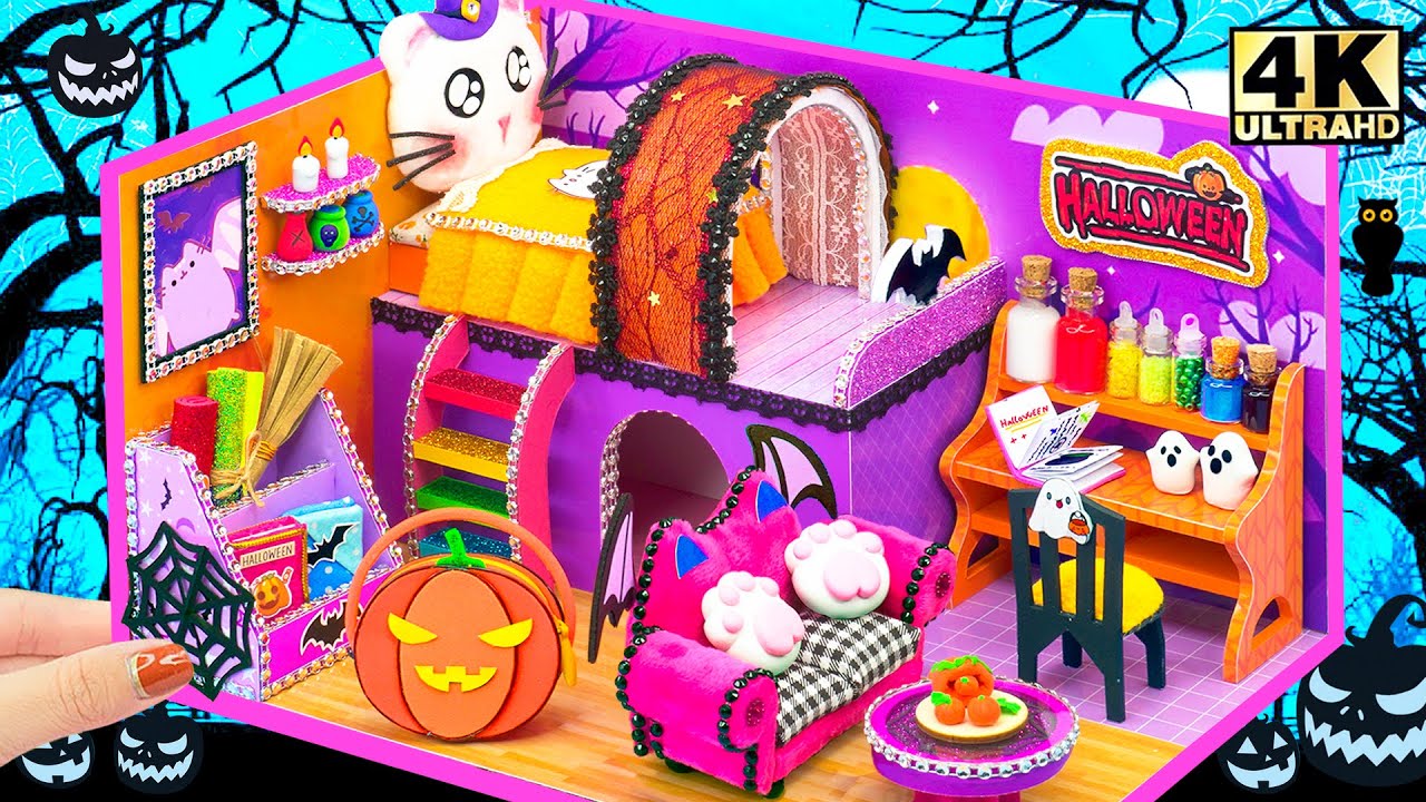 Build Miniature Halloween House with Cute Bedroom for Kitten Cat 🎃 DIY