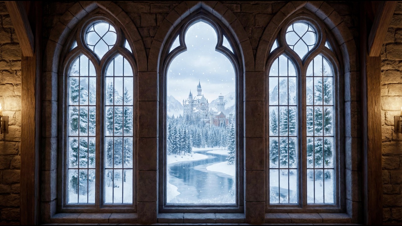 Medieval Winter Castle Window Ambience ❄️🏰 | Gentle Snowfall & Calm Study Music