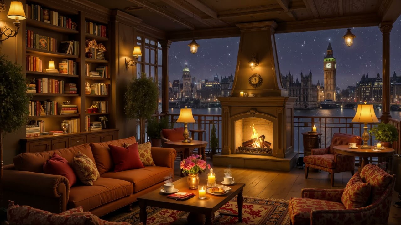 Winter Night London Cafe Ambience ☕ Smooth Jazz Instrumental Music & Fireplace Sounds for Study,Work