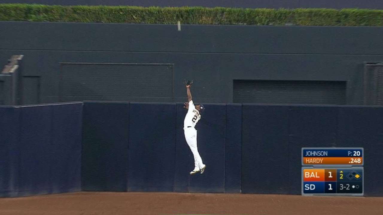BAL@SD: Upton Jr. robs homer to start a double play