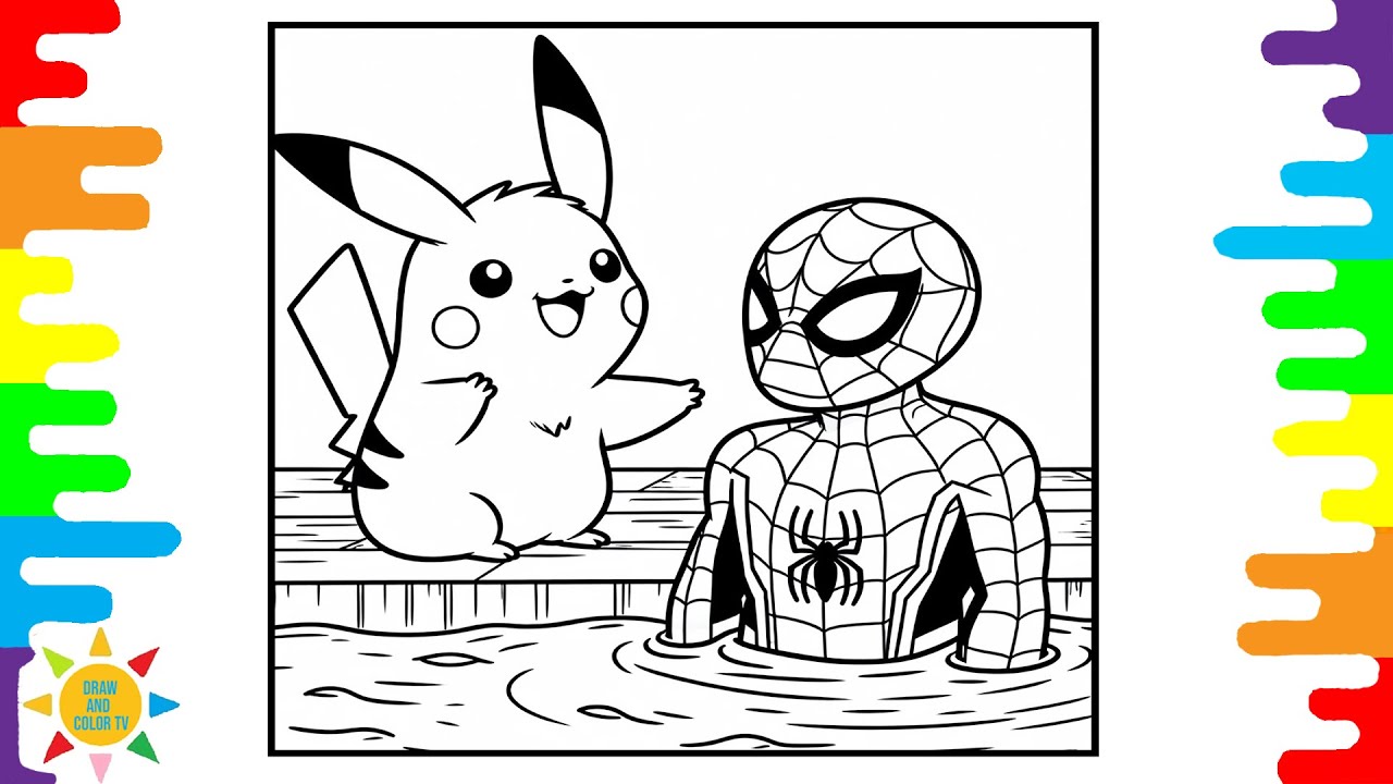 Pikachu and Spider-Man at the Pool Coloring Pages | Pokemon | Pikachu ...