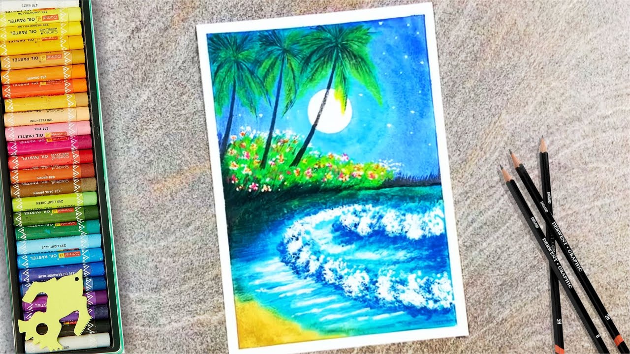 Daily Challenge #36 Sea Beach Scenery / How to draw / Oil Pastel ...