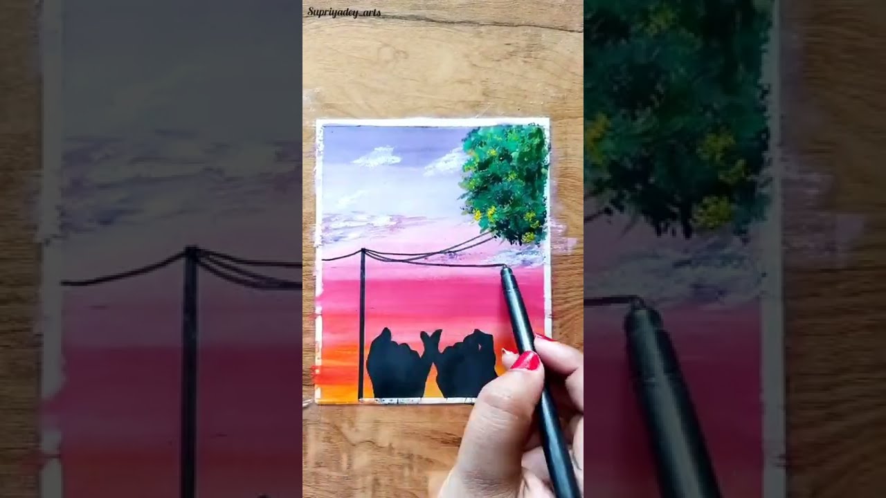 How to draw best friend hand holding sunset scenery painting
