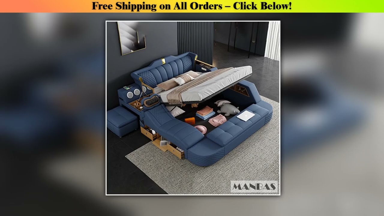 Tech Smart Bed 2 People with King Size Bed Frame Queen, Genuine Leather, Massage, USB, Bluetooth