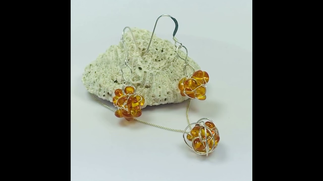 Golden Amber and Silver Jewellery set. Matching earrings and round pendant. UK Designer