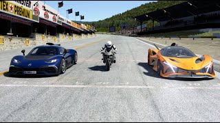 Kawasaki Ninja H2R vs Mercedes-AMG One vs Apollo Project EVO at Old Spa