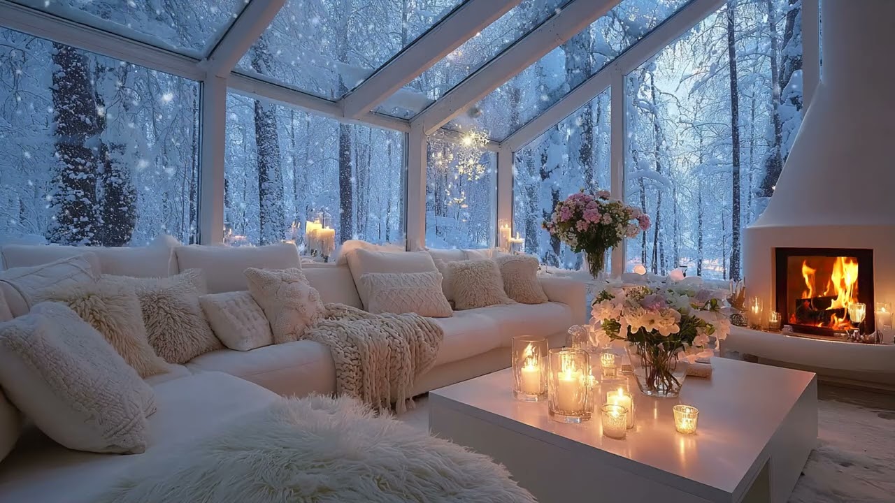 White Cozy Lounge Piano ❄️ Fireplace Crackles & Soft Snow | Calm Focus, Study and Meditation