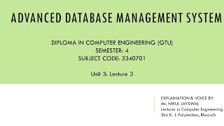 ADBMS: Unit 3: Lecture 3: Introduction to Functional Dependency.