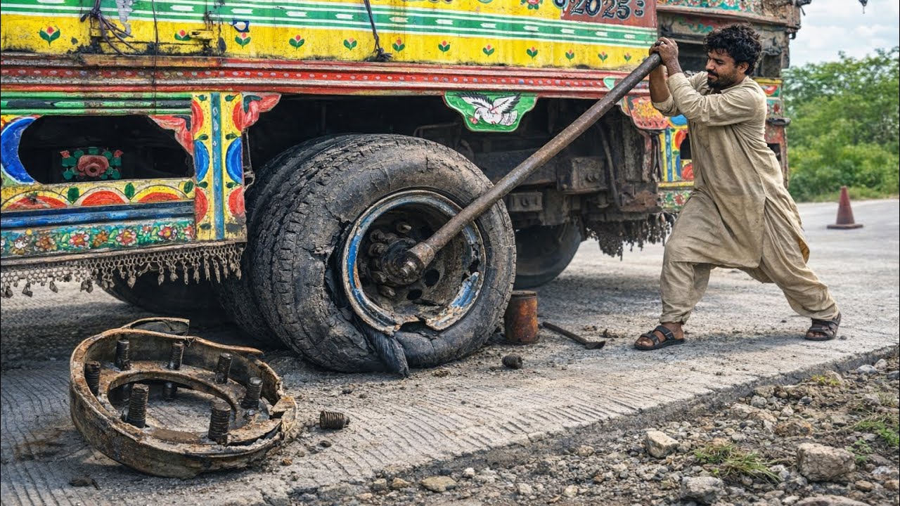 Heavy Load Truck Tyre Rim & Bolts Destroyed - Amazing Roadside Repair 