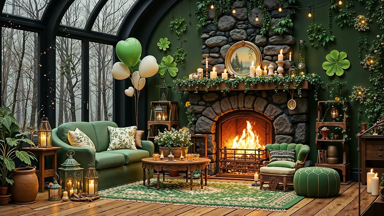 Dreamy St. Patrick’s Day Jazz ☘️ Magical Green Room, Fireplace Ambience ☘️ Relaxing Irish Cafe Music