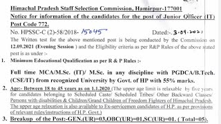 HPSSC JUNIOR OFFICER IT POSTAL CODE 772 NEW NOTIFICATION 2021 || 4 SEPTEMBER 2021 || #HPSSC #IT772