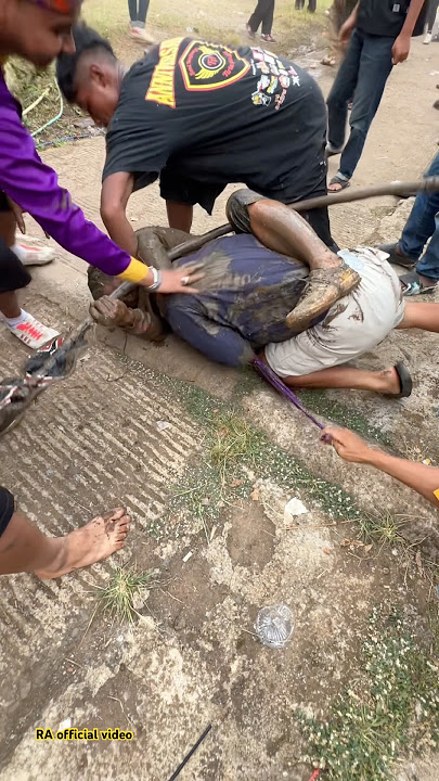 The young man in the blue shirt was hit by a horse dance