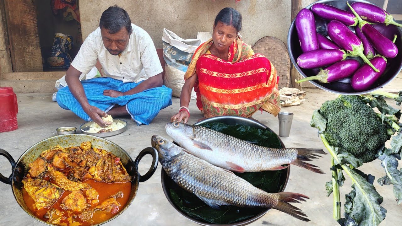 katla FISH CURRY with GREEN CAULIFLOWER and brinjal fry for tribe father&mother|village cooking