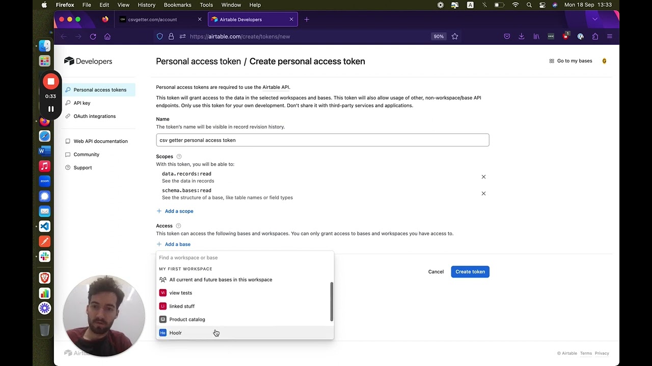 Use your personal access token to export Airtable data