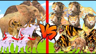 5 giant buffaloes attack tigers! Cow rescue cartoon saved by Woolly Mammoth Elephant