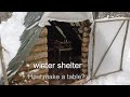 winter shelter in forest. bushcraft.making a table.