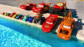 Disney Pixar Cars falling into deep pool, Lightning McQueen, Tow Mater, Mack, Sally, Francesco