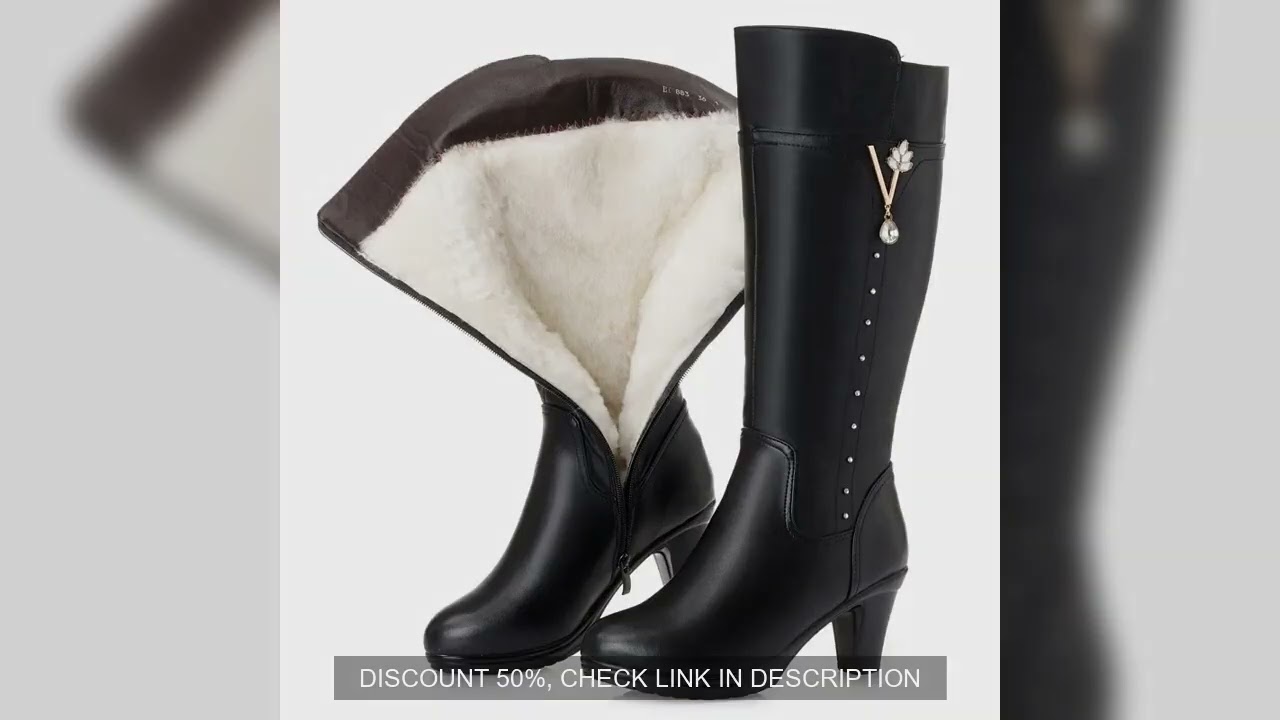 Women's Winter Boots Genuine Leather Female Boots Size dropshipping Warm High-heeled Wool Boots Wome