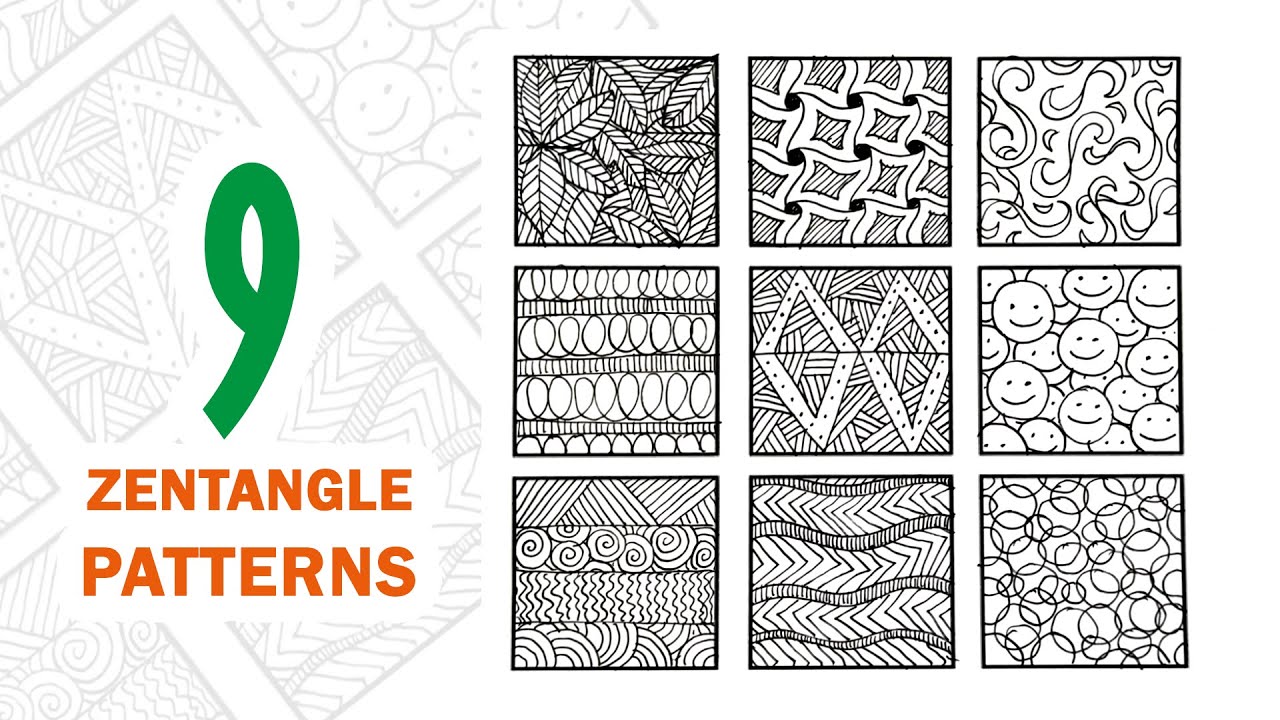 9 easy zentangle patterns for beginners / Zentangle art - YouTube