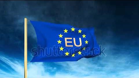 Europe flag slider style with title EU. Waving in the win with cloud background animation Stock