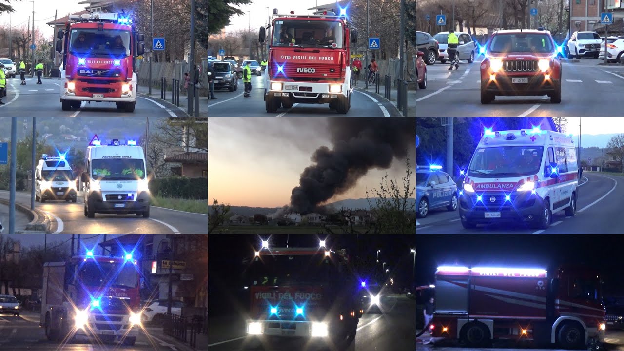 GIAVERA DEL MONTELLO (TV) - Mezzi per INCENDIO CAPANNONE TESSILE - Fire Dept code3 to a MAJOR FIRE
