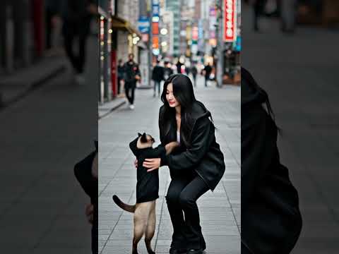 샴 고양이와 산책 중 뽀뽀하기