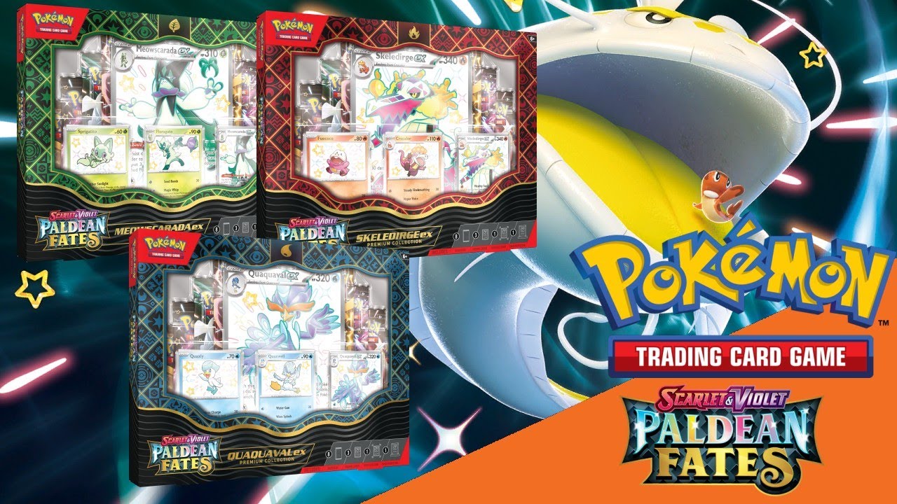 Pokémon TCG: Paldean Fates Meowscarada, Skeledirge, Quaquaval ex Premium Collection opening