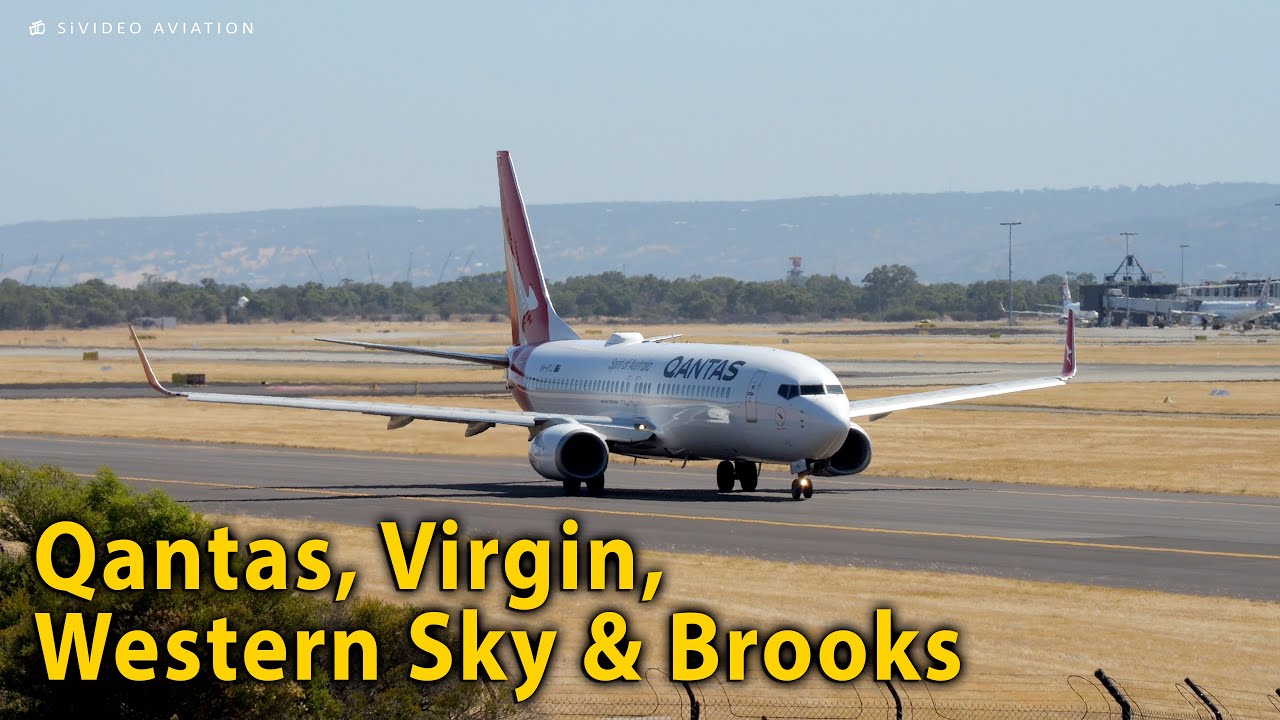 Qantas, Virgin Australia, Western Sky Australia & Brooks depart RW03 at Perth Airport.
